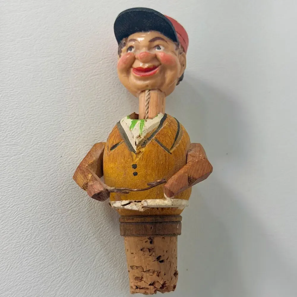 Anri Vintage Mechanical Bottle Stopper Carved Wood Cork‎ Base